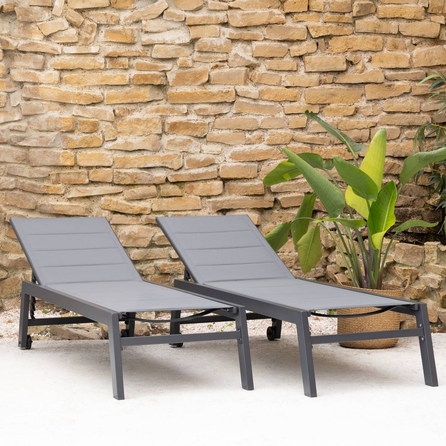 Happy Garden - Lot de 2 bains de soleil BARBADOS en textilène gris - aluminium gris anthracite - HAPPY GARDEN - Imagen 10