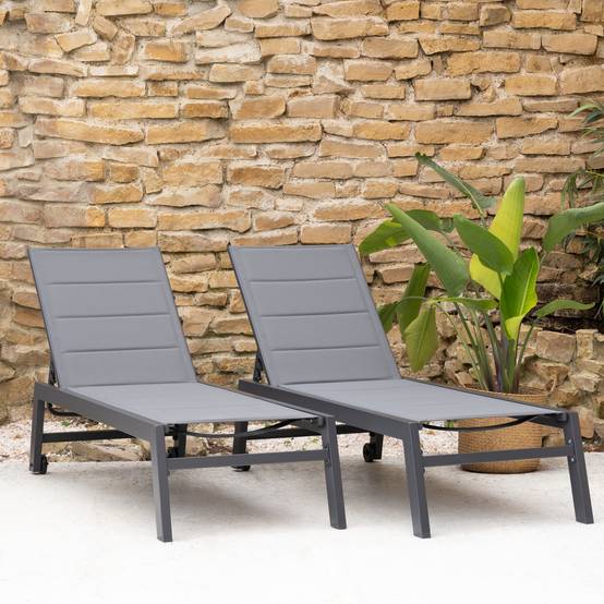 Happy Garden - Lot de 2 bains de soleil BARBADOS en textilène gris - aluminium gris anthracite - HAPPY GARDEN - Imagen 2