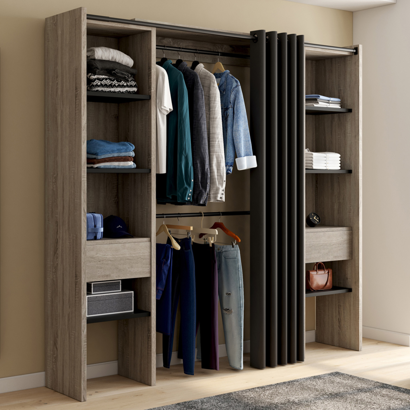 Dressing extensible double MERYL 120/180 x 50 x 180 cm hêtre avec étagères hêtre + double penderie + rideau noir - Image 1