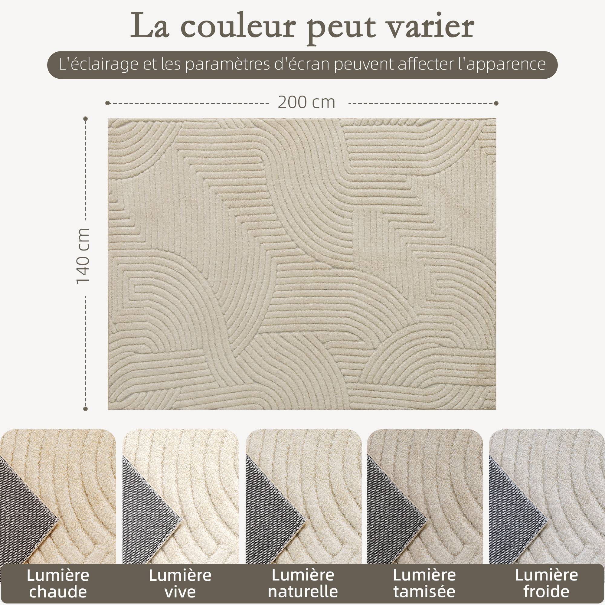 Sans Marque - Tapis salon 200x140 cm poils épais géométrique moelleux antidérapant crème - Image 5