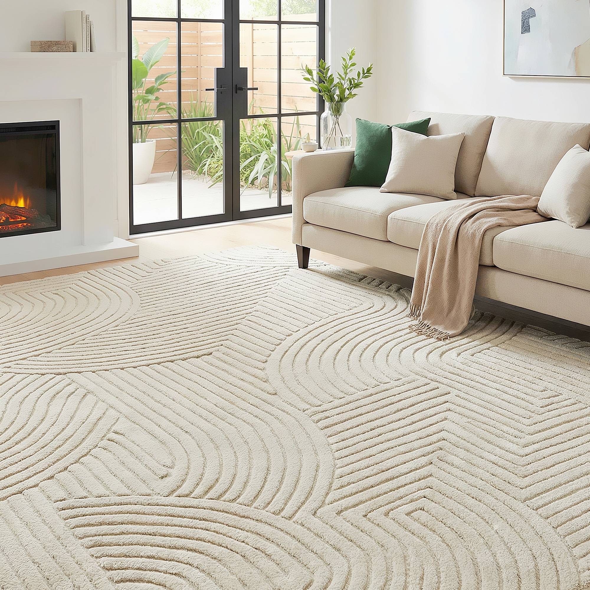 Sans Marque - Tapis salon 200x140 cm poils épais géométrique moelleux antidérapant crème - Image 1