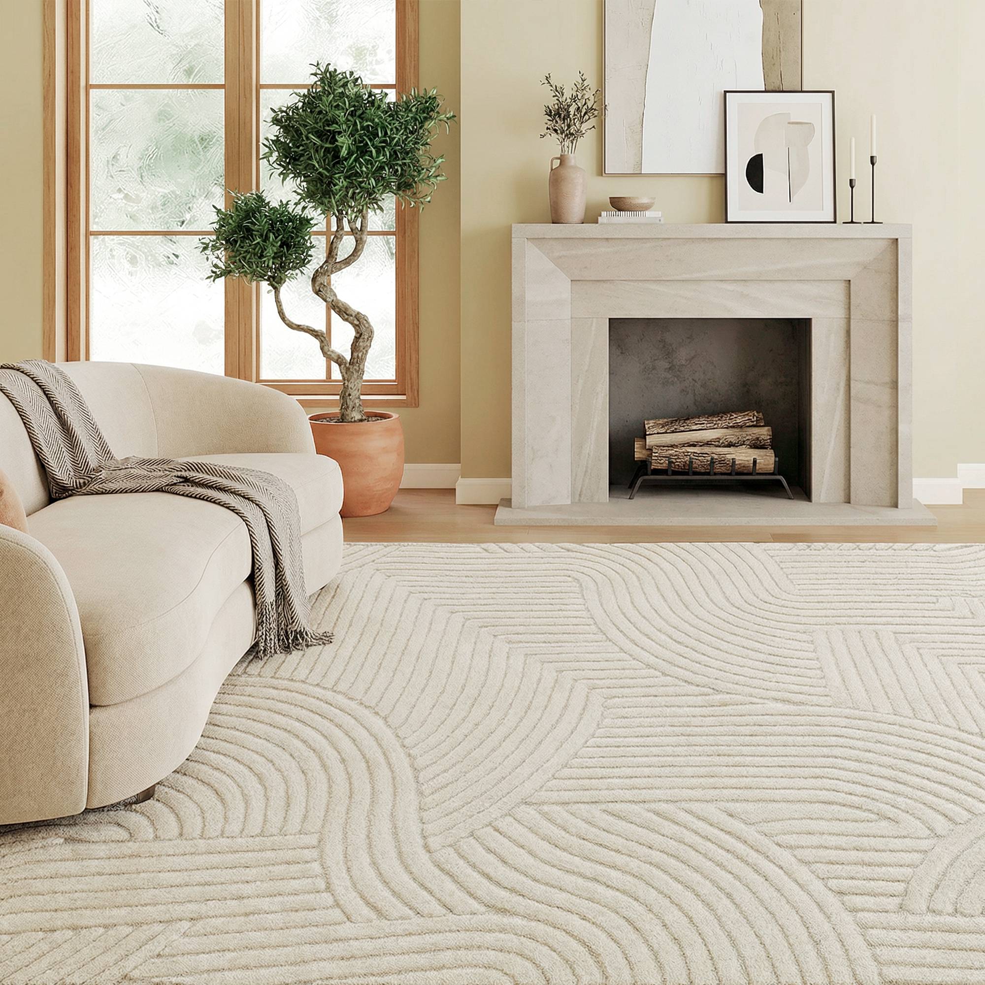Sans Marque - Tapis salon 200x140 cm poils épais géométrique moelleux antidérapant crème - Image 2