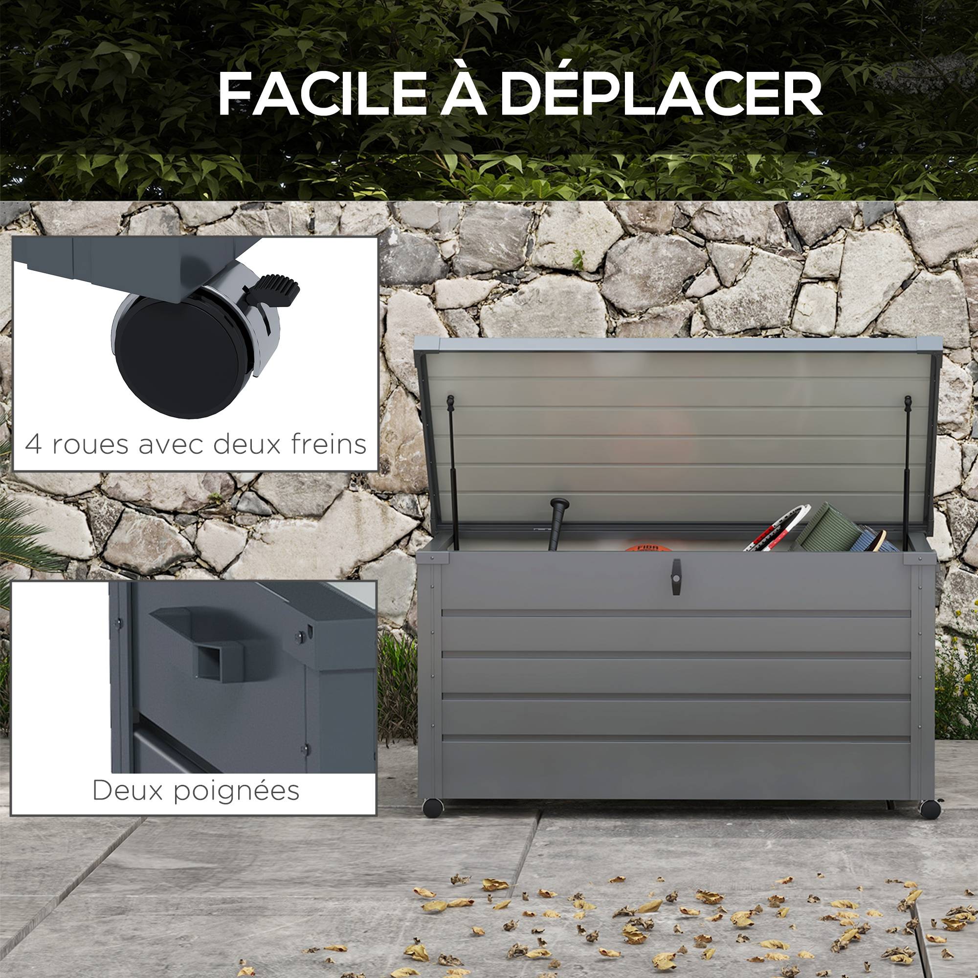 Coffre rangement acier galvanisé extérieur jardin capacité 311L 120x62cm gris - ComfortXL Outdoor Living - Image 6