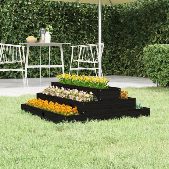 Jardinière surélevée en bois 3 niveaux potager balcon 80x80 cm Noir – ComfortXL Outdoor Living - Image 1