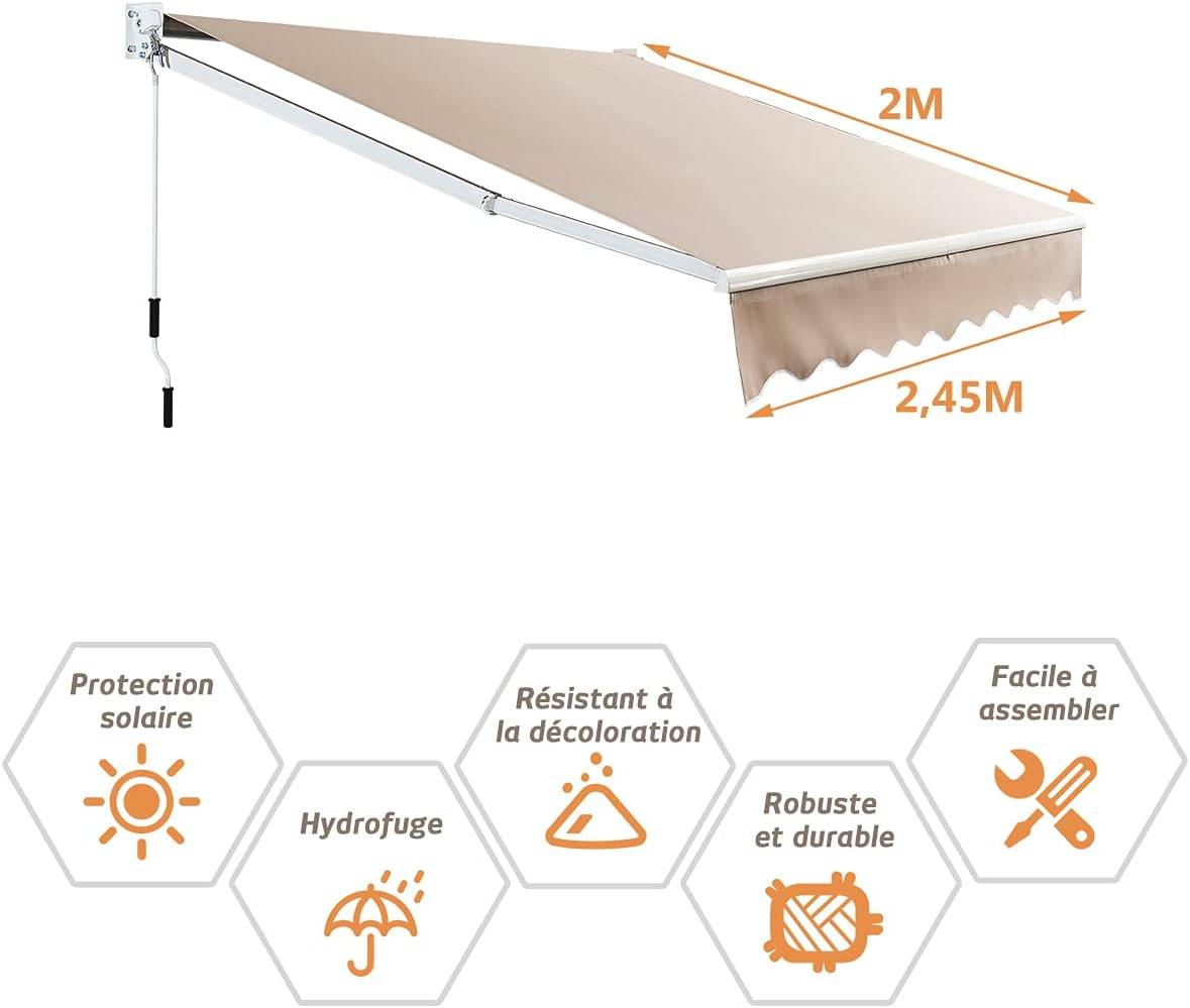 Costway - Store Banne Auvent Rétractable Manuel 245x200CM Angle Ajustable 40°-100° sans Perçage Beige - Image 5