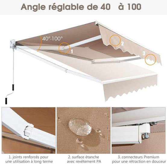Costway - Store Banne Auvent Rétractable Manuel 245x200CM Angle Ajustable 40°-100° sans Perçage Beige - Image 2
