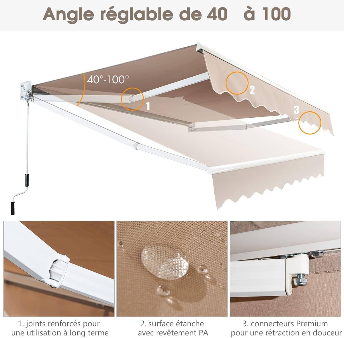 Costway - Store Banne Auvent Rétractable Manuel 245x200CM Angle Ajustable 40°-100° sans Perçage Beige - Image 2