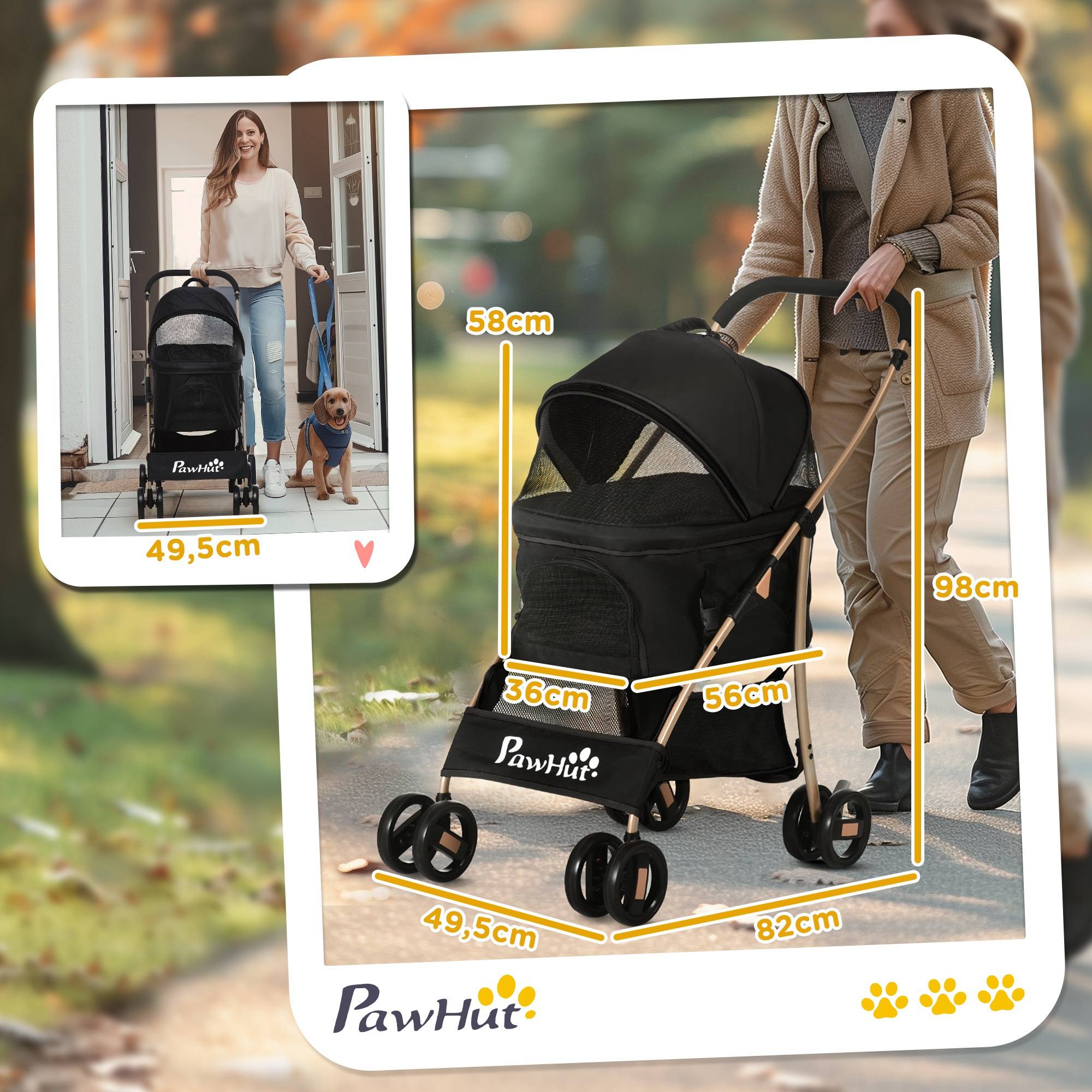 Poussette pour chien 2 en 1 avec panier de transport, pliable, 1 panier, 1 sac, 82 cm x 49,5 cm x 98 cm - Image 4