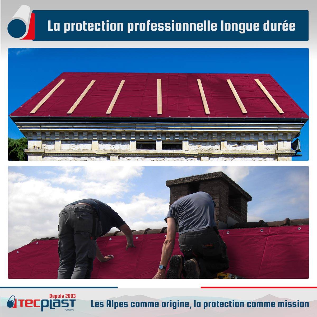 Bâche Toiture 3x4 m LP506TO Rouge Bordeaux - Garantie 5 ans - Bâche d'étanchéité en PVC pour Couvreur et Charpentier TECPLAST - Imagen 2