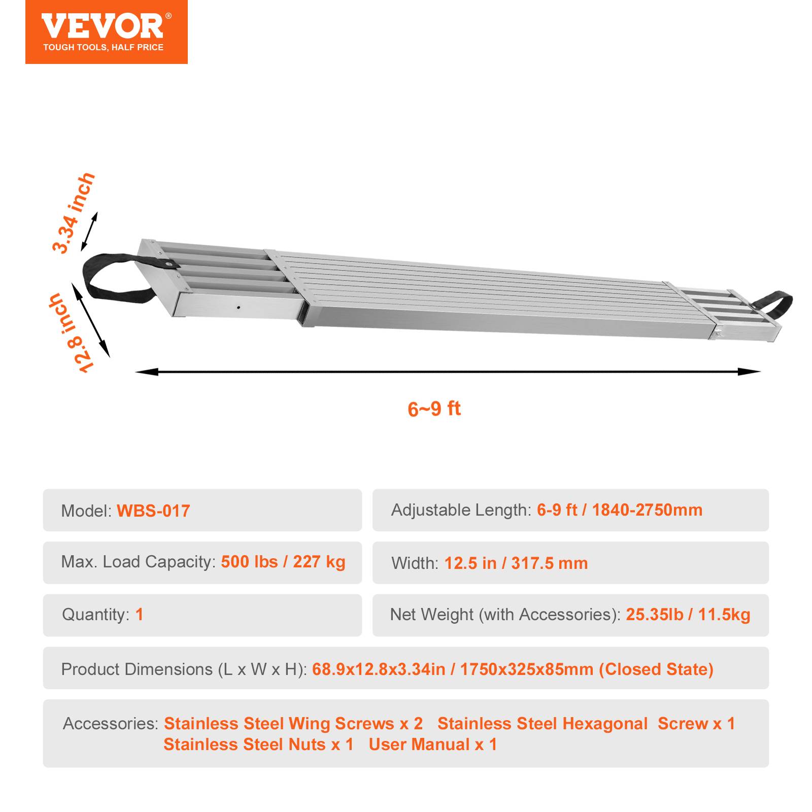 VEVOR Planche d'échafaudage alu télescopique 1.83-2.74m, largeur 317.5mm, charge 227kg. - Image 7