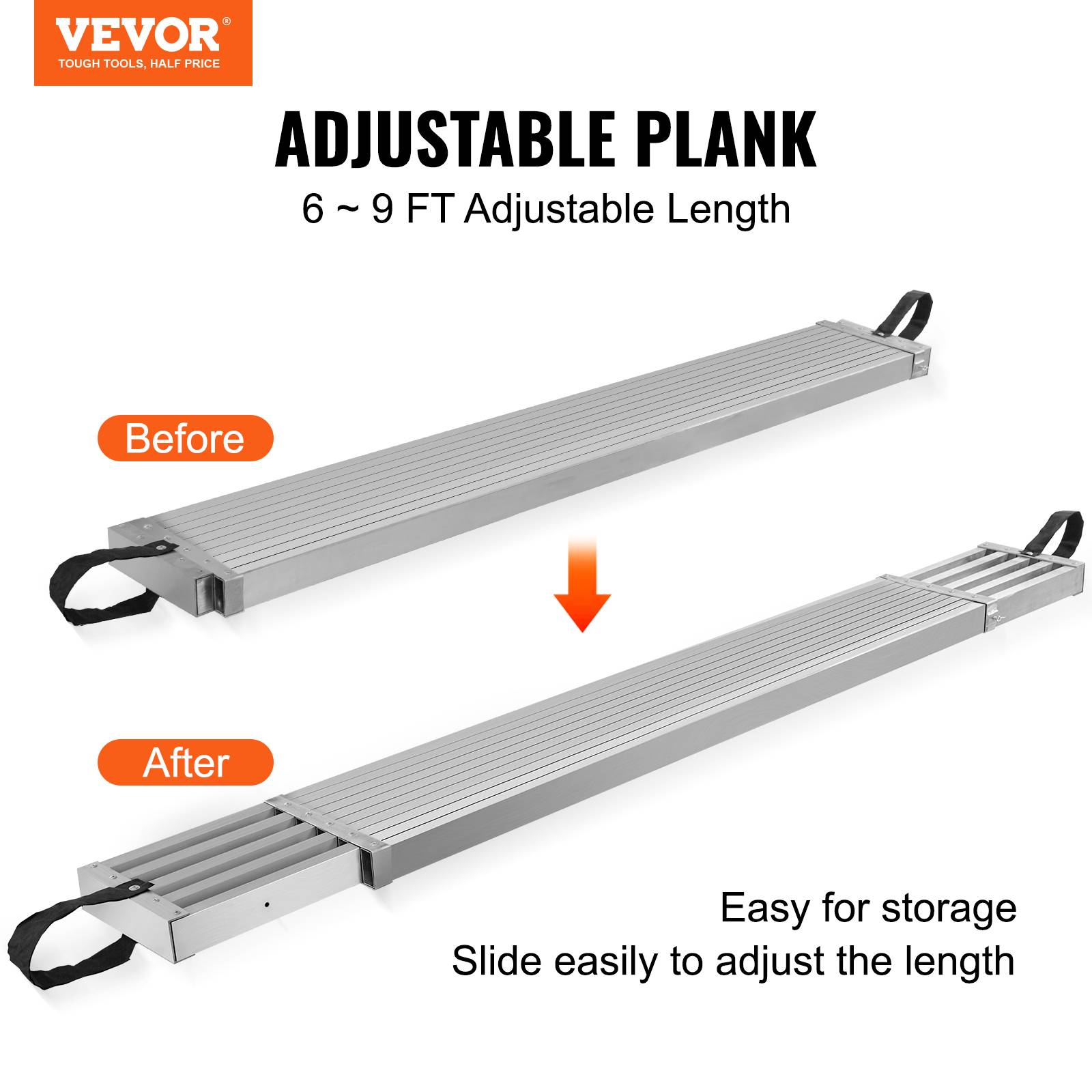 VEVOR Planche d'échafaudage alu télescopique 1.83-2.74m, largeur 317.5mm, charge 227kg. - Image 2