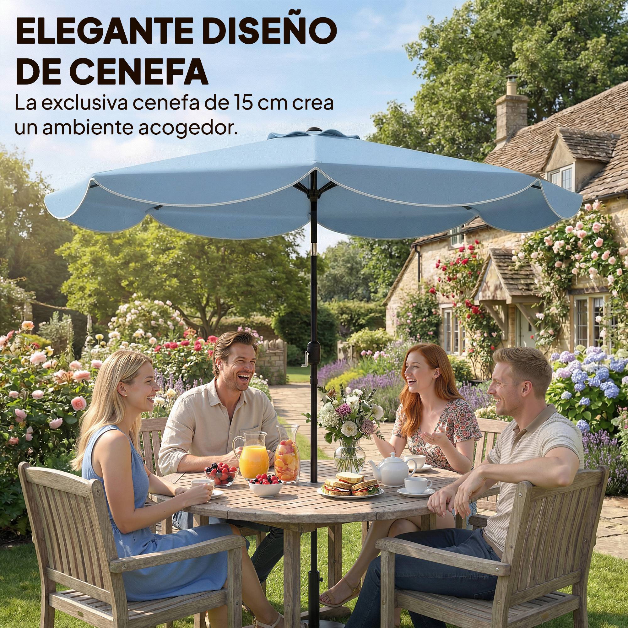 Parasol terrasse exterieur Ø2,7 m, inclinaison ajustable 3 positions, manivelle et volant, bleu ciel - Image 6