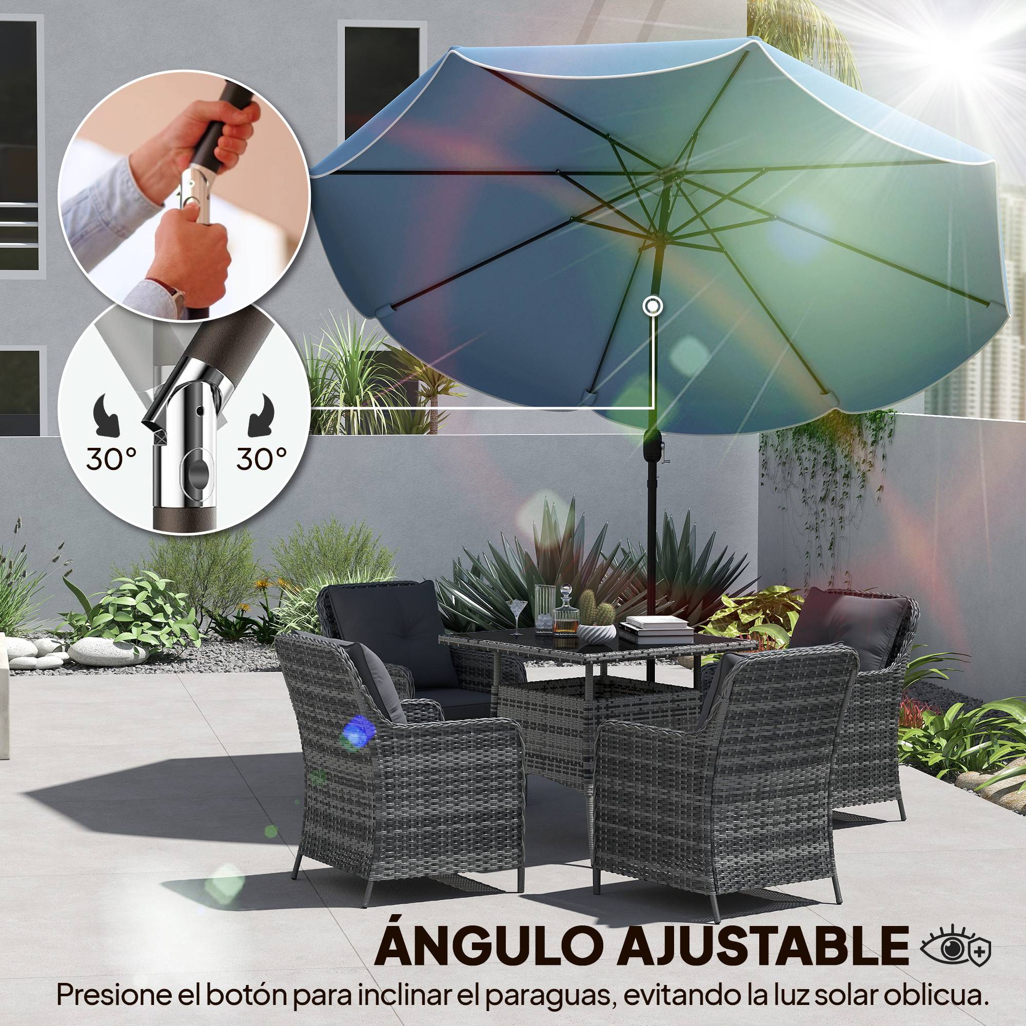 Parasol terrasse exterieur Ø2,7 m, inclinaison ajustable 3 positions, manivelle et volant, bleu ciel - Image 7