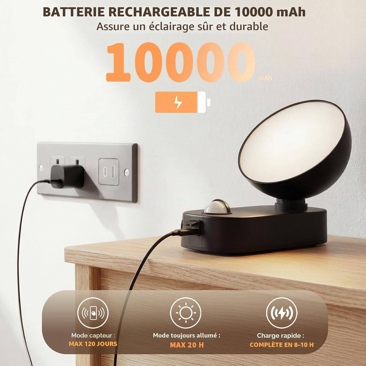 8 in 1 - Lampe murale sans fil avec détecteur de mouvement extérieur, batterie 10 000 mAh, 4 modes d'intensité, étanchéité IP65(1 pièce). - Image 3