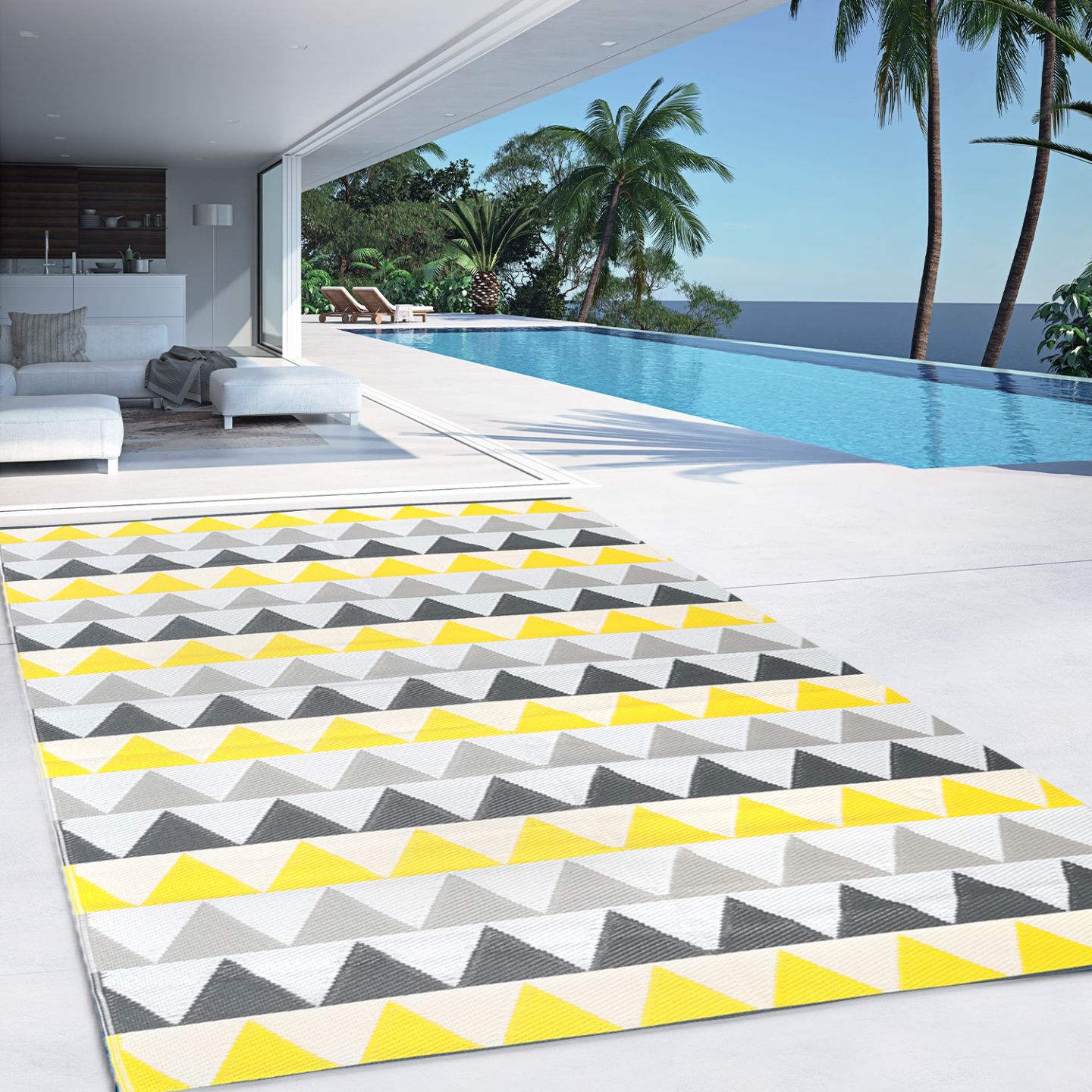 IDMARKET - Tapis extérieur SARI triangles gris et jaune 270 x 370 CM - Image 3