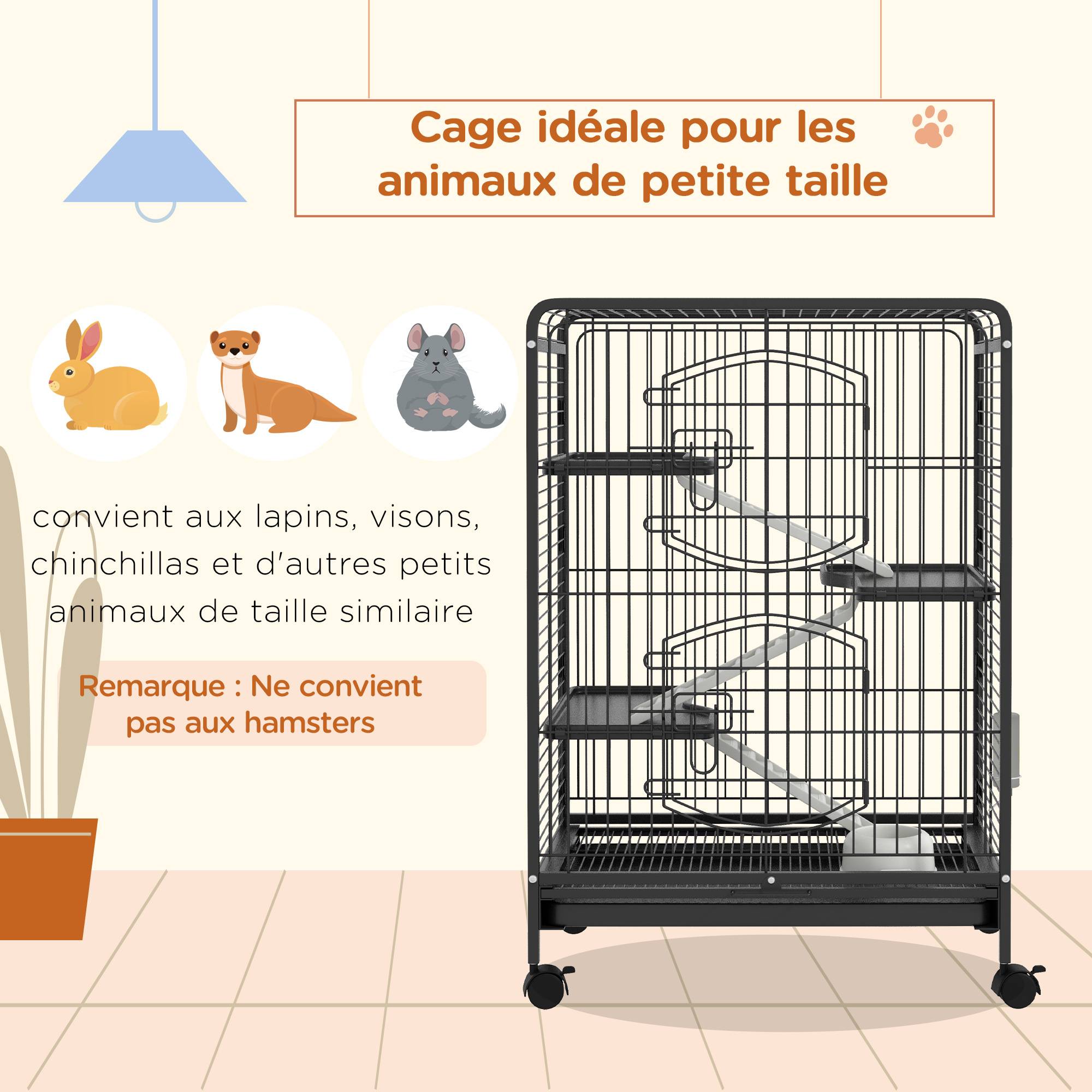 Cage roulante en métal pour lapins et chinchillas 3 plateformes 61x44x95cm noir - ComfortXL Outdoor Living - Image 6