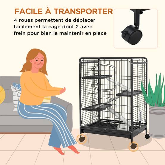 Cage roulante en métal pour lapins et chinchillas 3 plateformes 61x44x95cm noir - ComfortXL Outdoor Living - Image 7