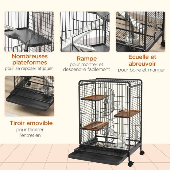 Cage roulante en métal pour lapins et chinchillas 3 plateformes 61x44x95cm noir - ComfortXL Outdoor Living - Image 8