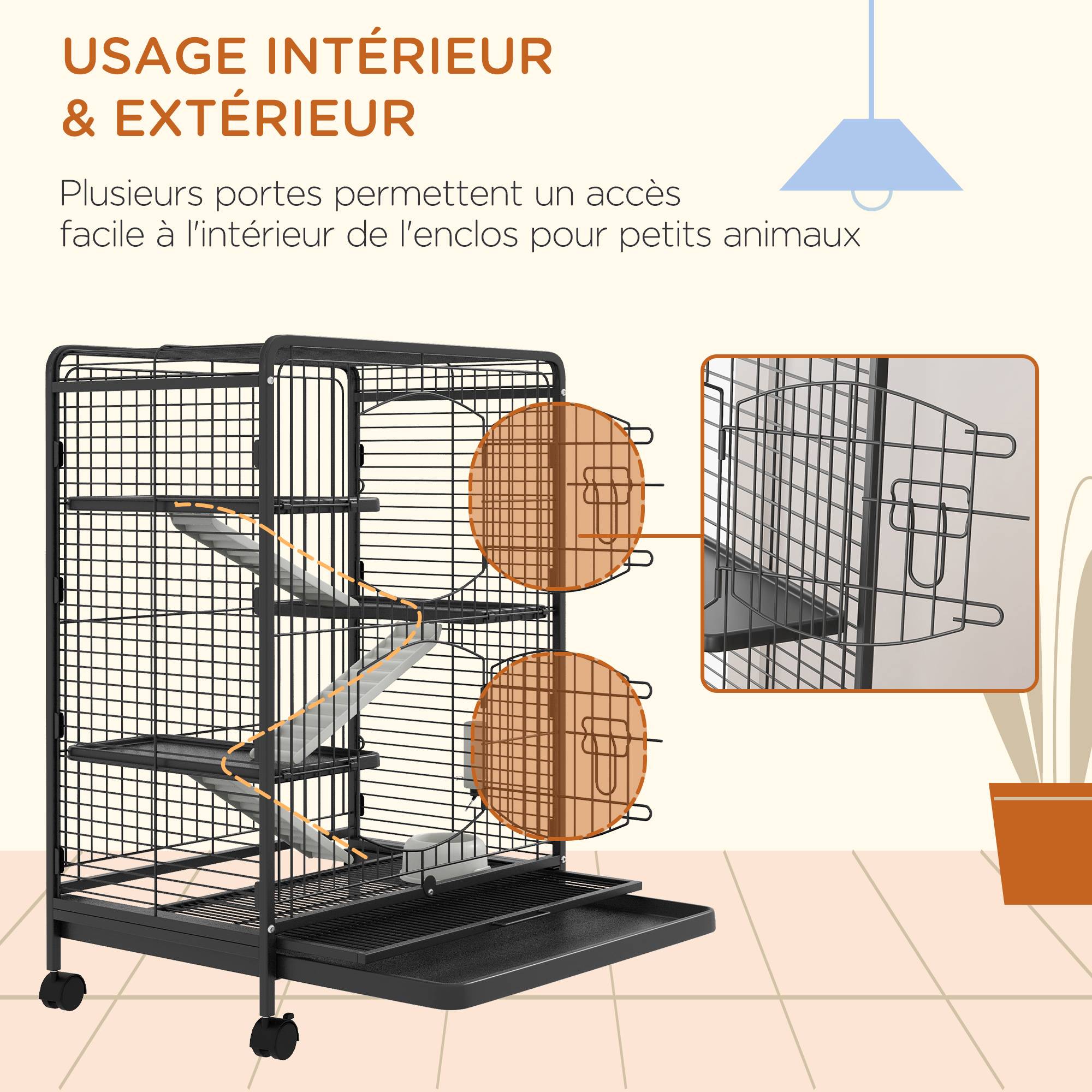 Cage roulante en métal pour lapins et chinchillas 3 plateformes 61x44x95cm noir - ComfortXL Outdoor Living - Image 9