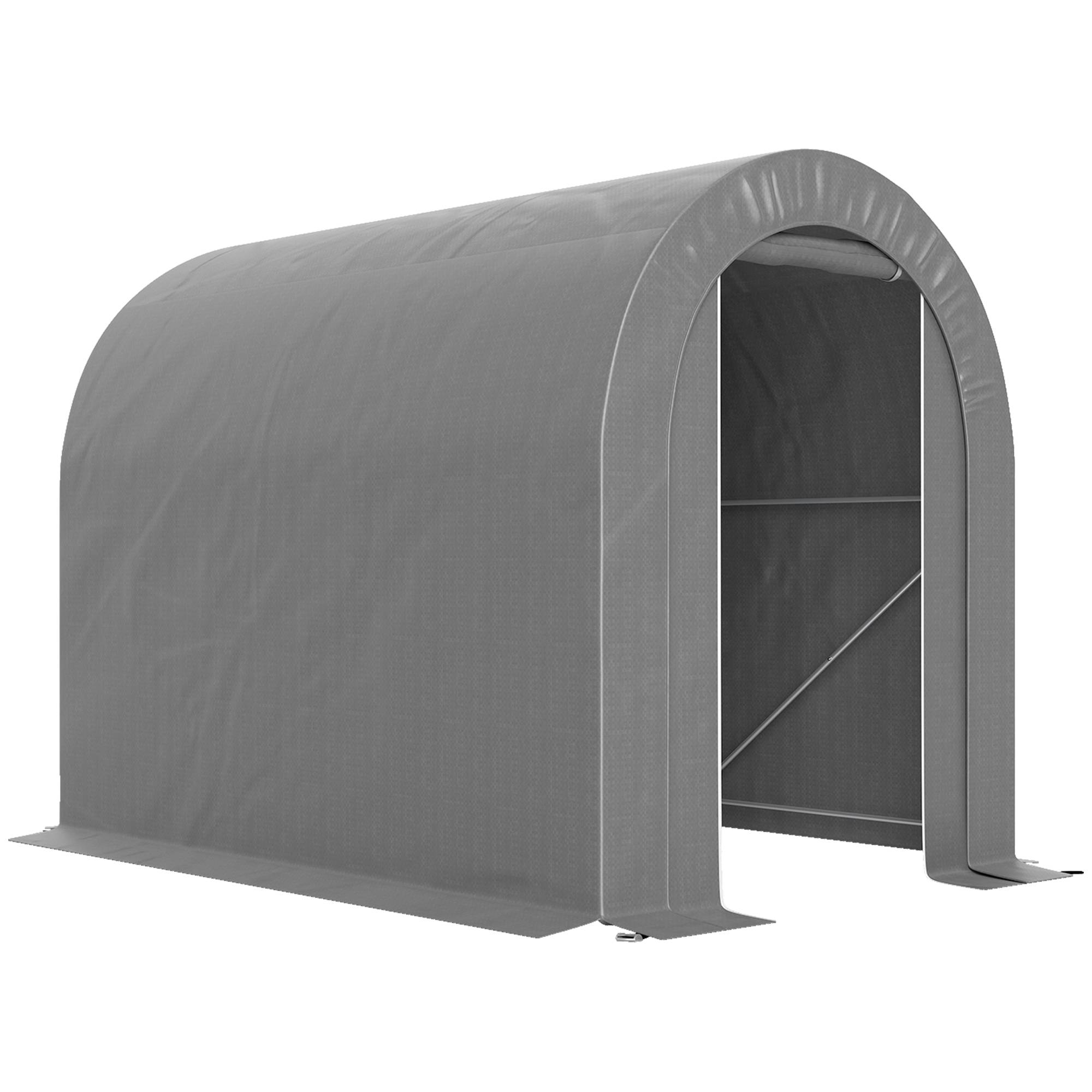 Abri à vélo gris clair en acier 2,4x1,6x1,9 m avec porte zippée imperméable, rangement extérieur design sobre pour vélos et équipement - Image 1