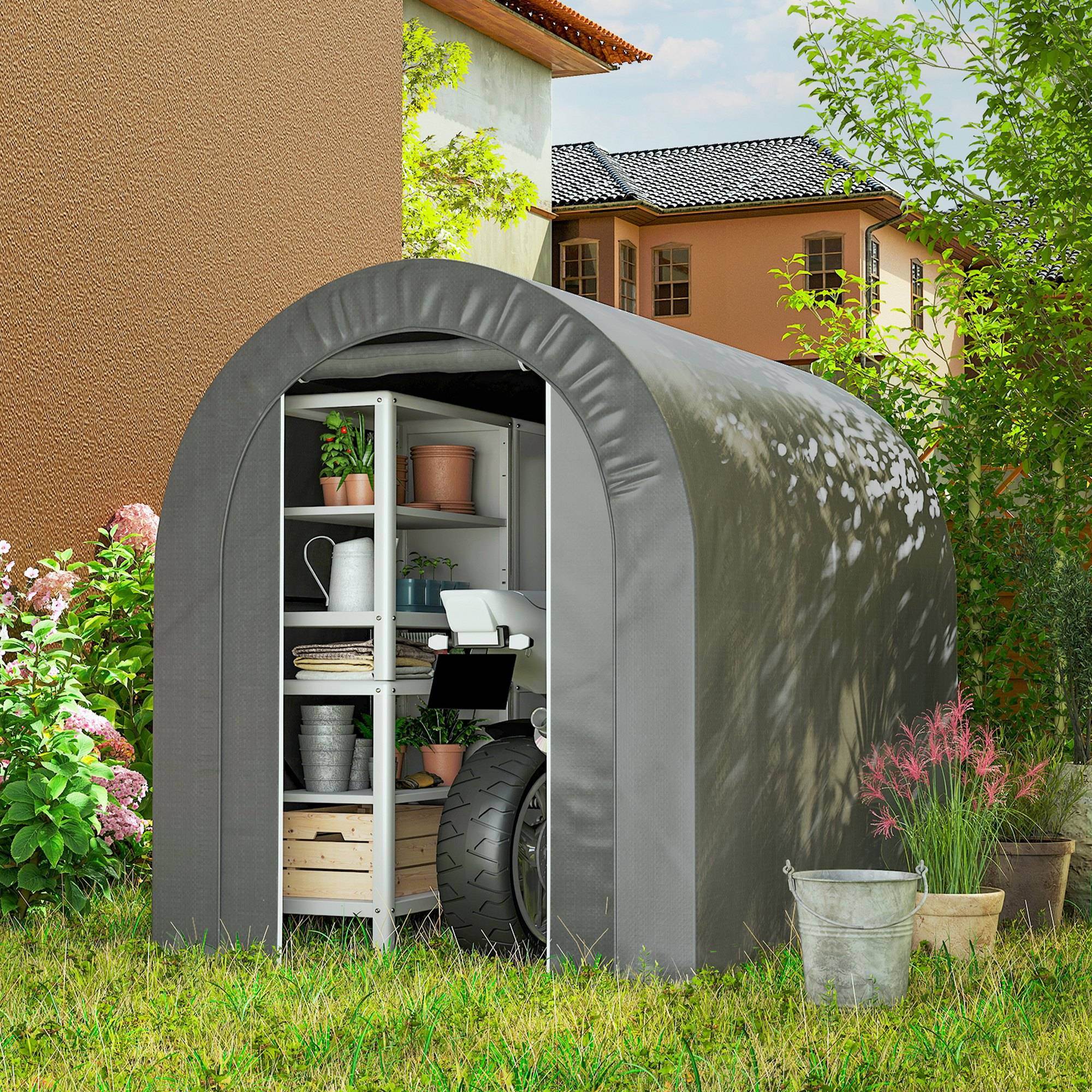 Abri à vélo gris clair en acier 2,4x1,6x1,9 m avec porte zippée imperméable, rangement extérieur design sobre pour vélos et équipement - Image 3