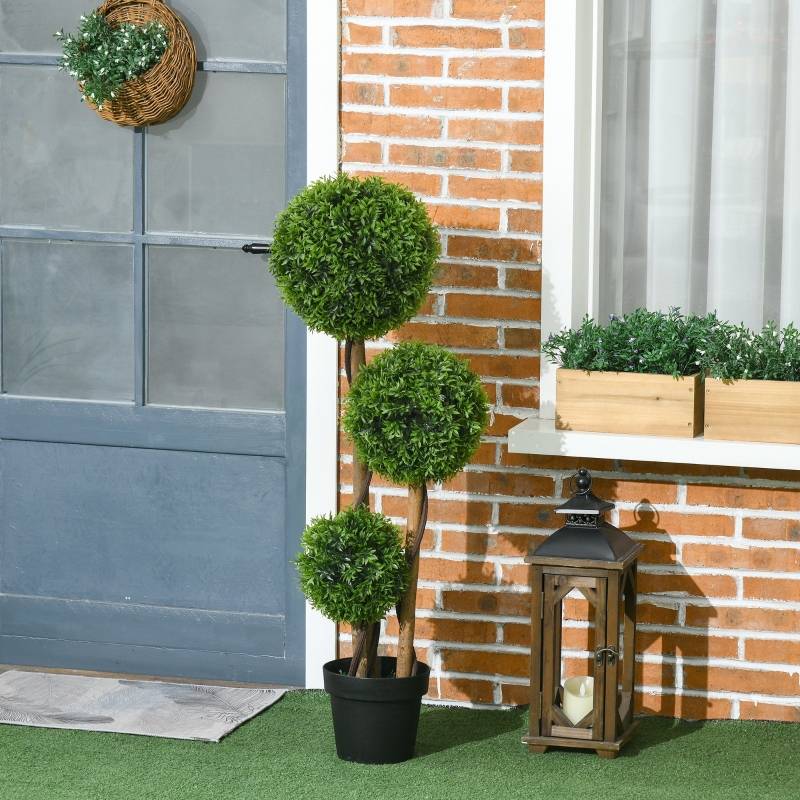 Buis artificiel topiaire polyéthylène intérieur extérieur anti-UV 3 boules 110cm vert - ComfortXL Outdoor Living - Image 1
