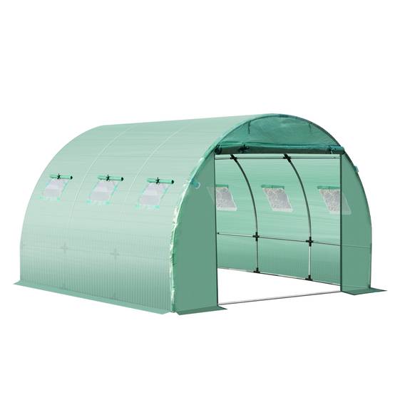 Sans Marque - Bâche Rechange Serre Tunnel 9m² 3x3x2 m PE anti-UV imperméable 6 fenêtres porte zip vert foncé - Image 2