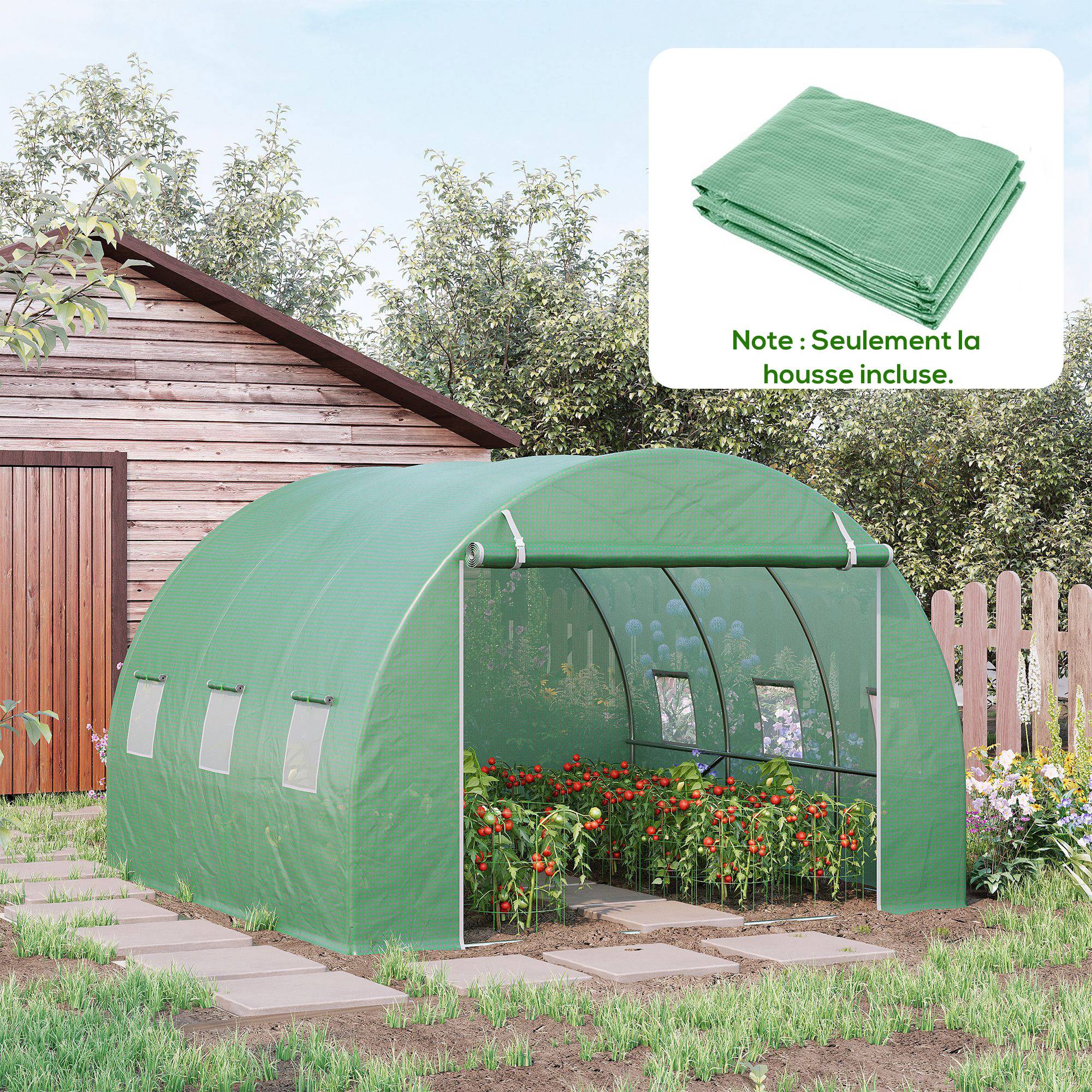 Sans Marque - Bâche Rechange Serre Tunnel 9m² 3x3x2 m PE anti-UV imperméable 6 fenêtres porte zip vert foncé - Image 3