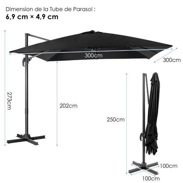 Helloshop26 - Parasol déporté inclinable 3 x 3 m avec base croisée rotation à 360° manivelle 8 baleines event pour jardin terrasse noir - Imagen 2