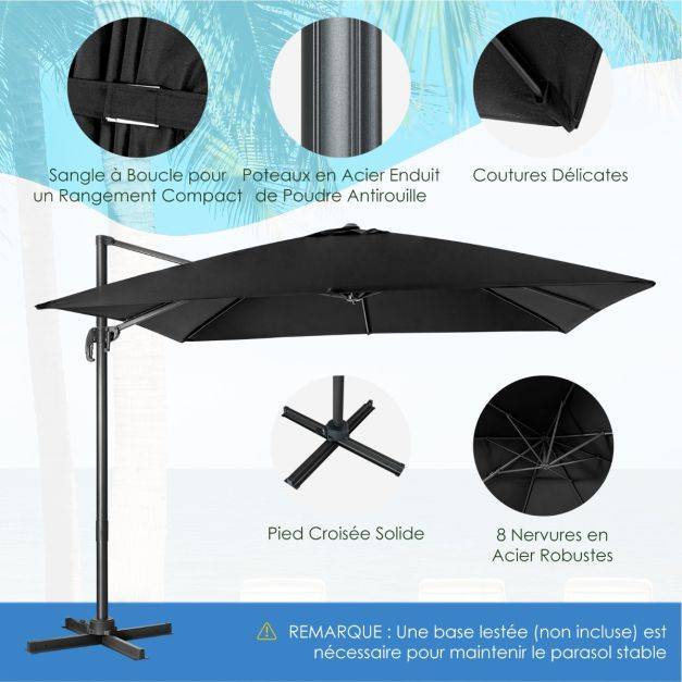 Helloshop26 - Parasol déporté inclinable 3 x 3 m avec base croisée rotation à 360° manivelle 8 baleines event pour jardin terrasse noir - Imagen 1