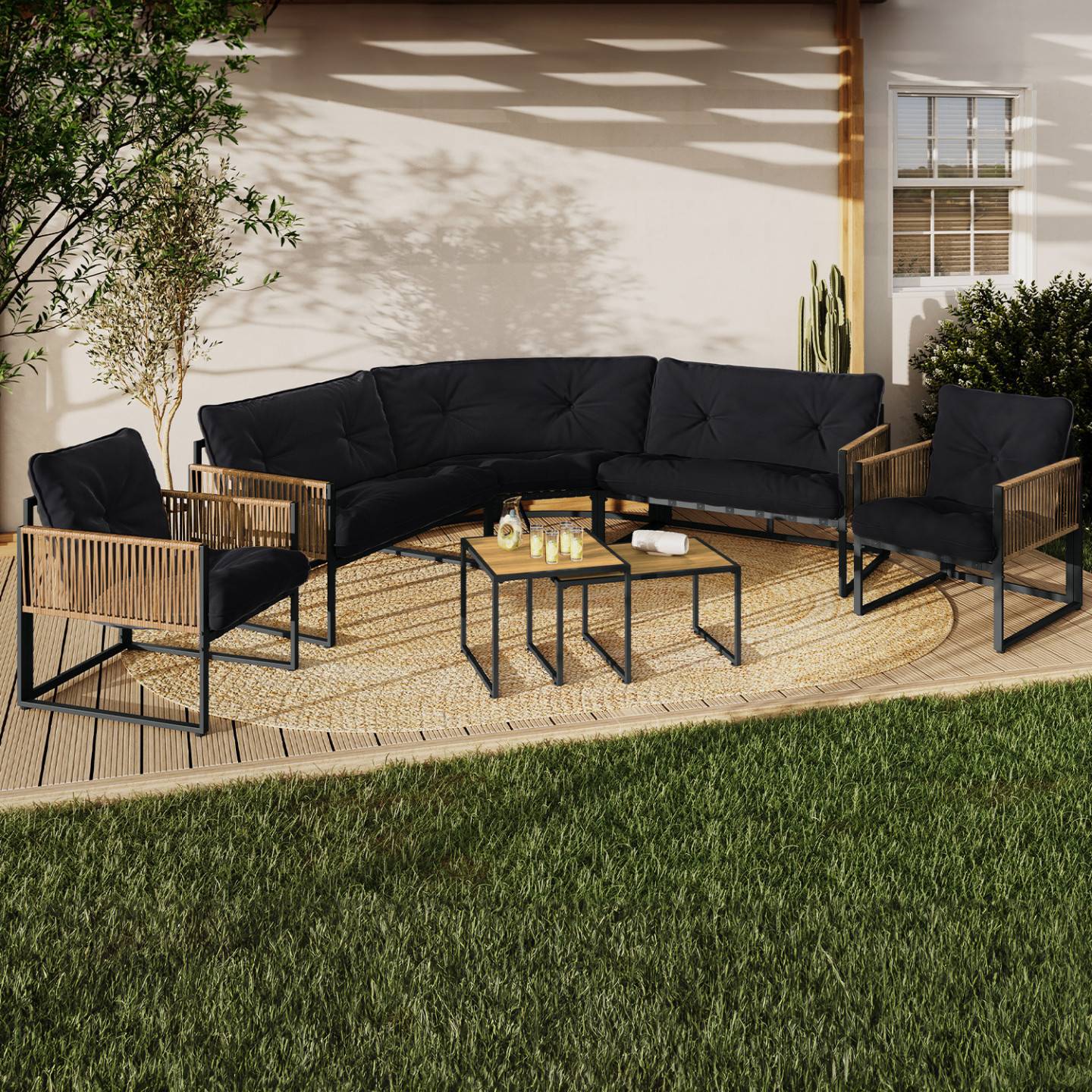 Salon de jardin bas RIO 8 places salon d'angle structure métal et cordage effet rotin clair et coussins noir