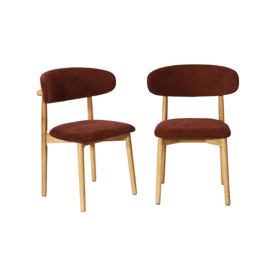 sweeek - Lot de 2 chaises bois d'hévéa naturel et tissu chenille bordeaux - Paola | sweeek - Image 2