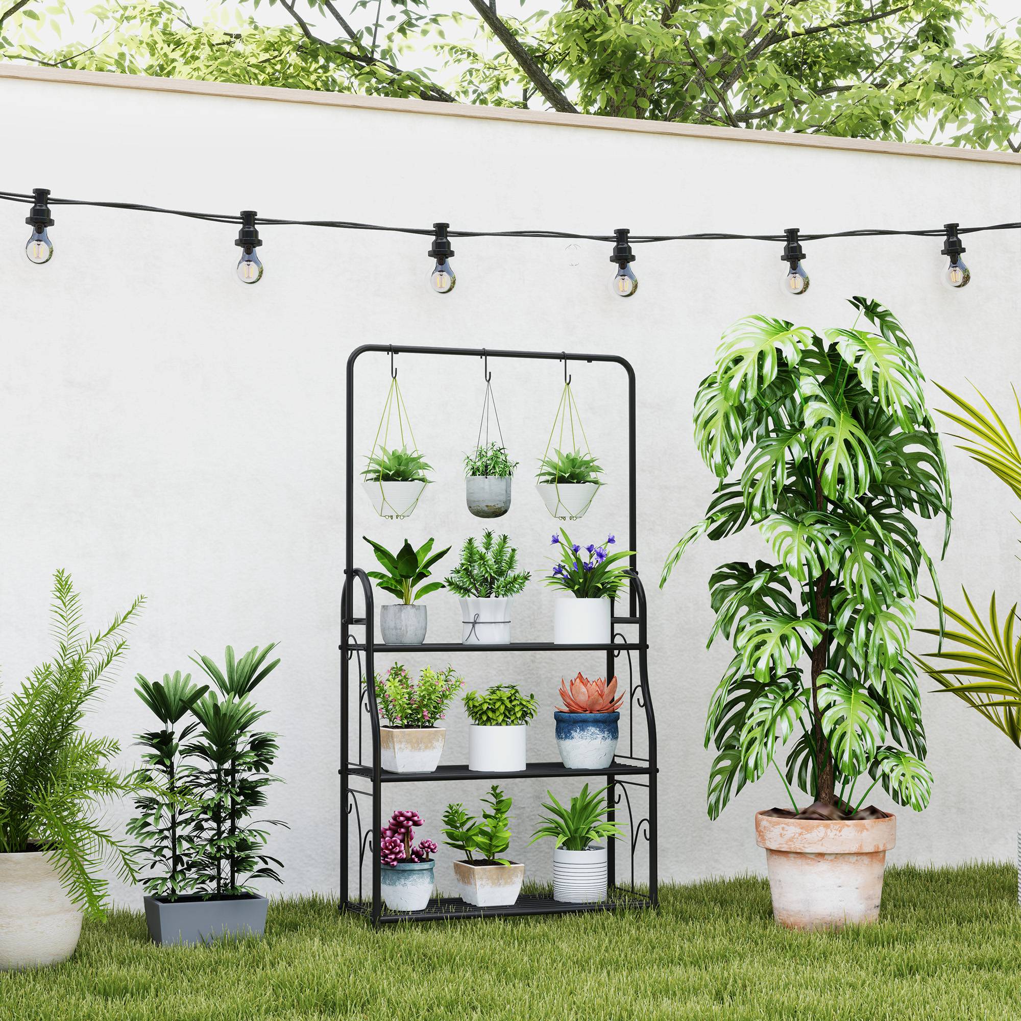 Étagère à plantes 3 niveaux métal intérieur extérieur crochets 75x25x137 cm noir - ComfortXL Outdoor Living - Image 4