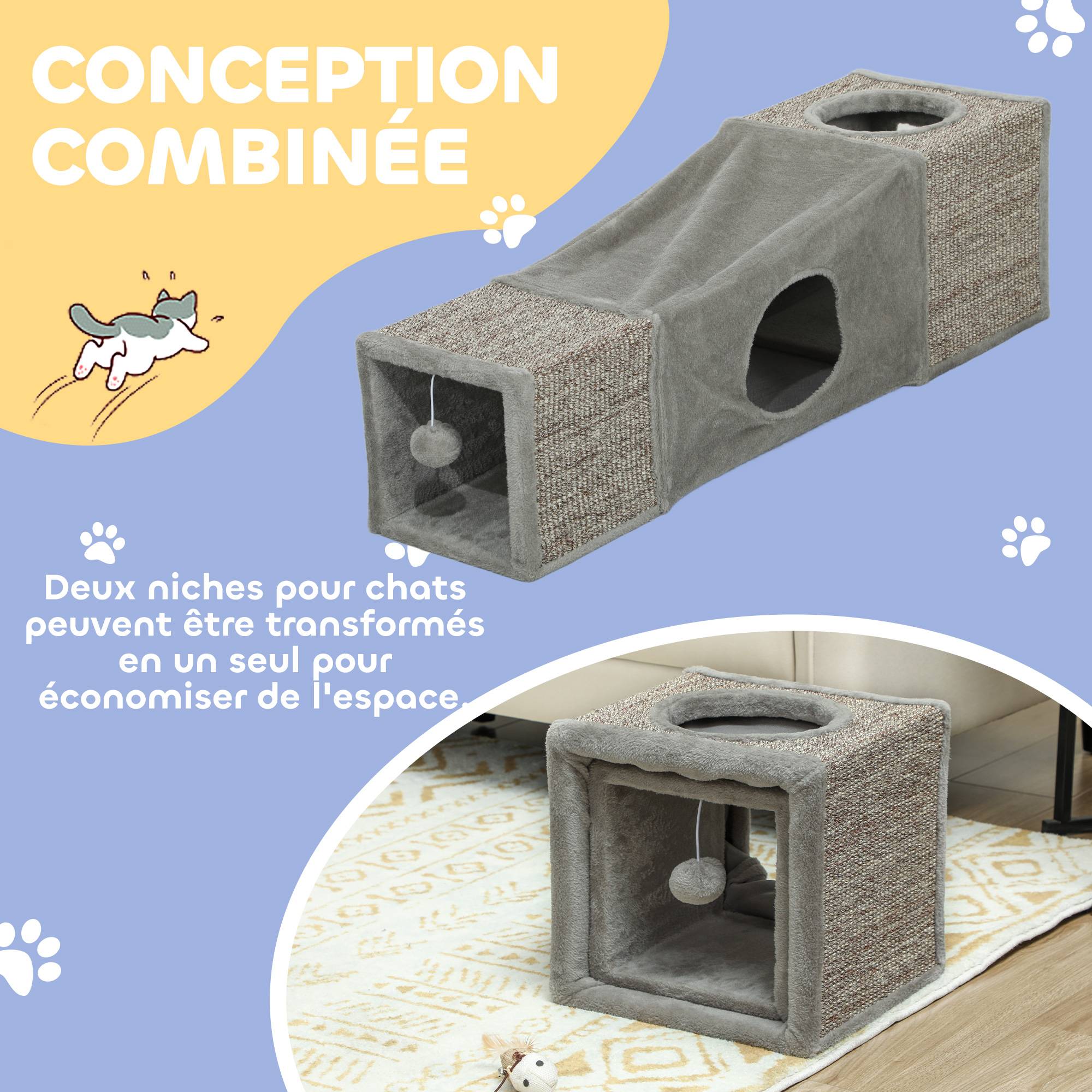 Sans Marque - Tunnel pour chat intérieur jouets pour chats avec balle suspendue entrées multiples en sisal 98 x 30 x 30 cm gris - Image 6