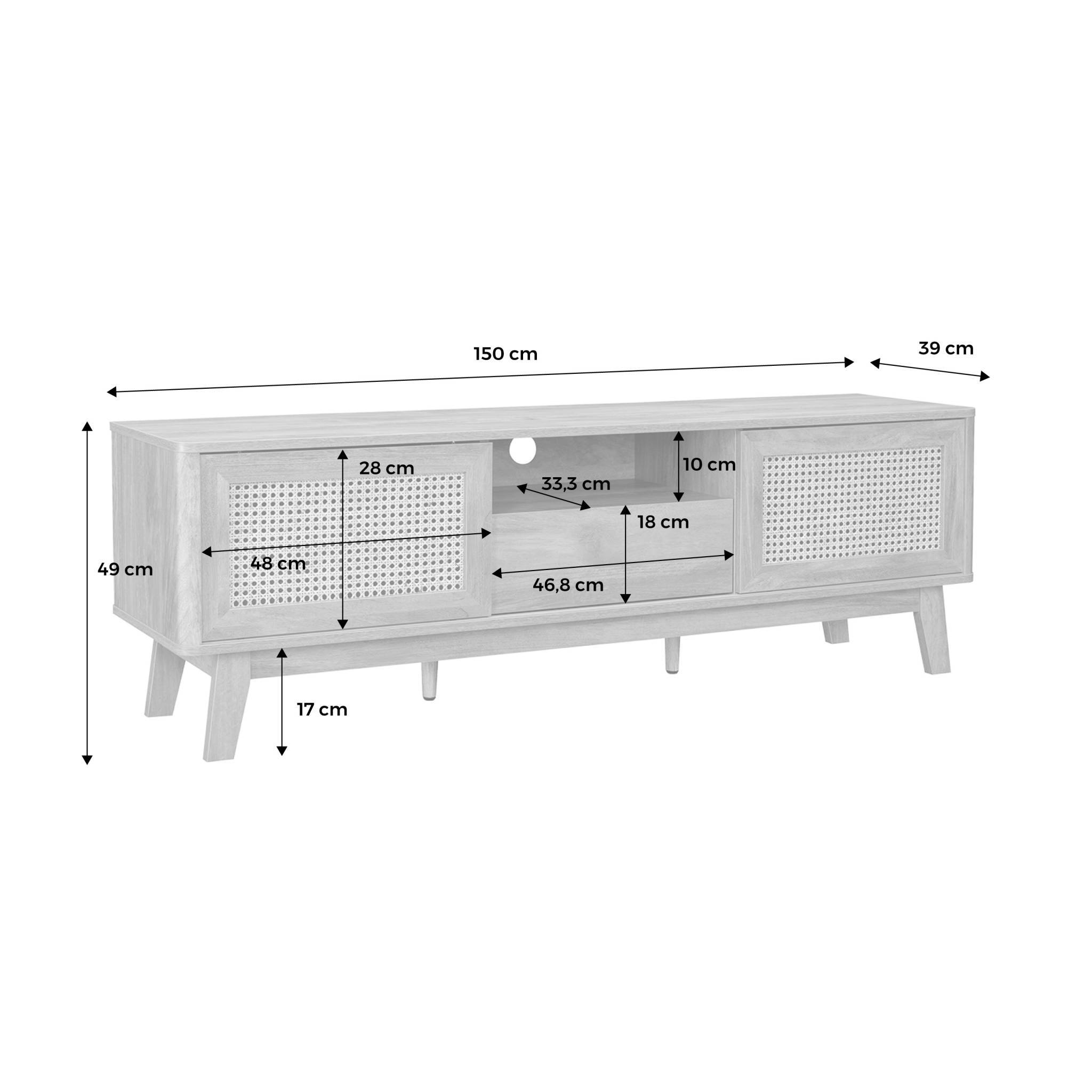sweeek - Meuble TV portes coulissantes. casier fermé. étagère décor bois et cannage 150cm | sweeek - Image 4