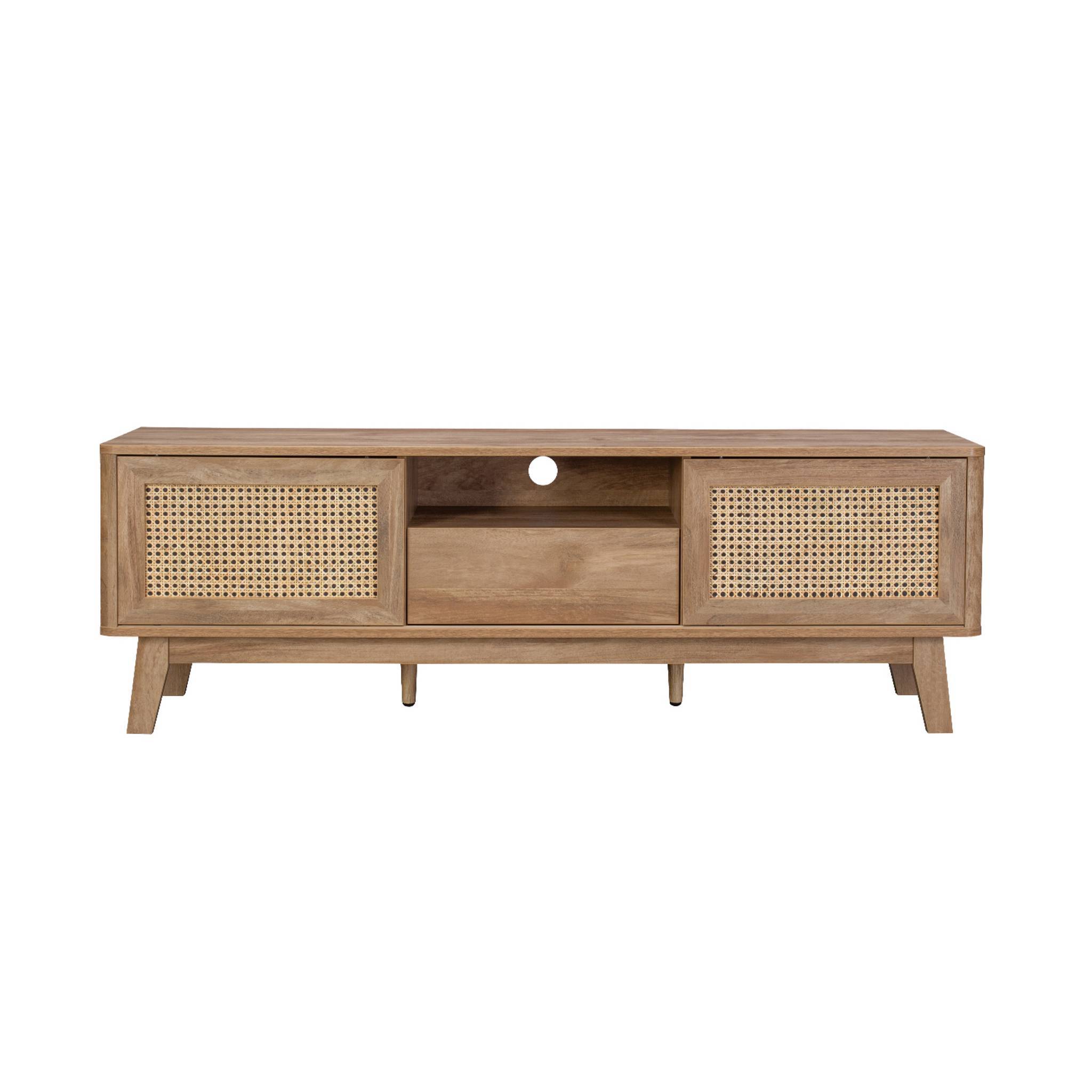 sweeek - Meuble TV portes coulissantes. casier fermé. étagère décor bois et cannage 150cm | sweeek - Image 5