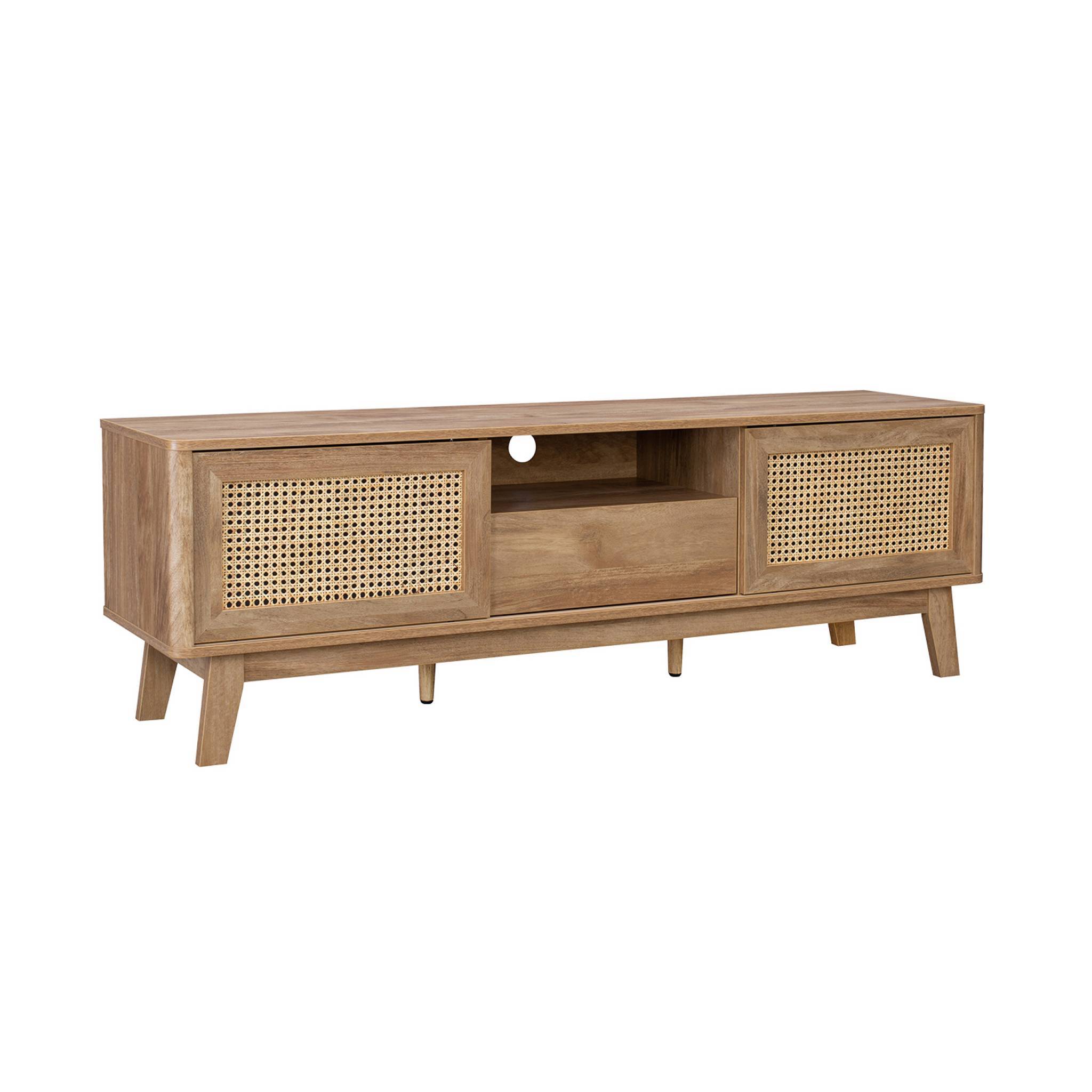 sweeek - Meuble TV portes coulissantes. casier fermé. étagère décor bois et cannage 150cm | sweeek - Image 2