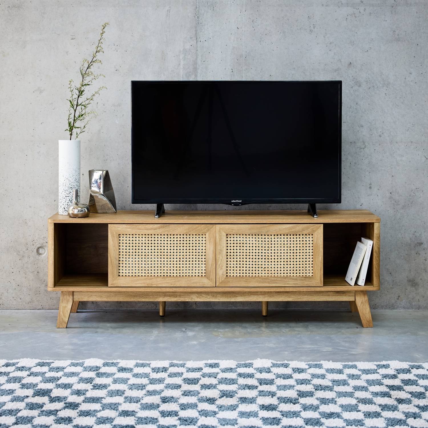 sweeek - Meuble TV portes coulissantes. casier fermé. étagère décor bois et cannage 150cm | sweeek - Image 1
