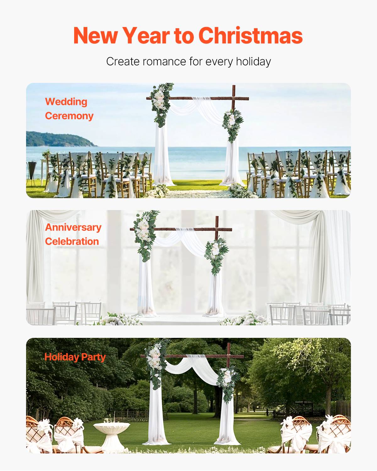 VEVOR Kit fleurs artificielles arche mariage, 2 bouquets, 2 rideaux, blanc. - Image 6