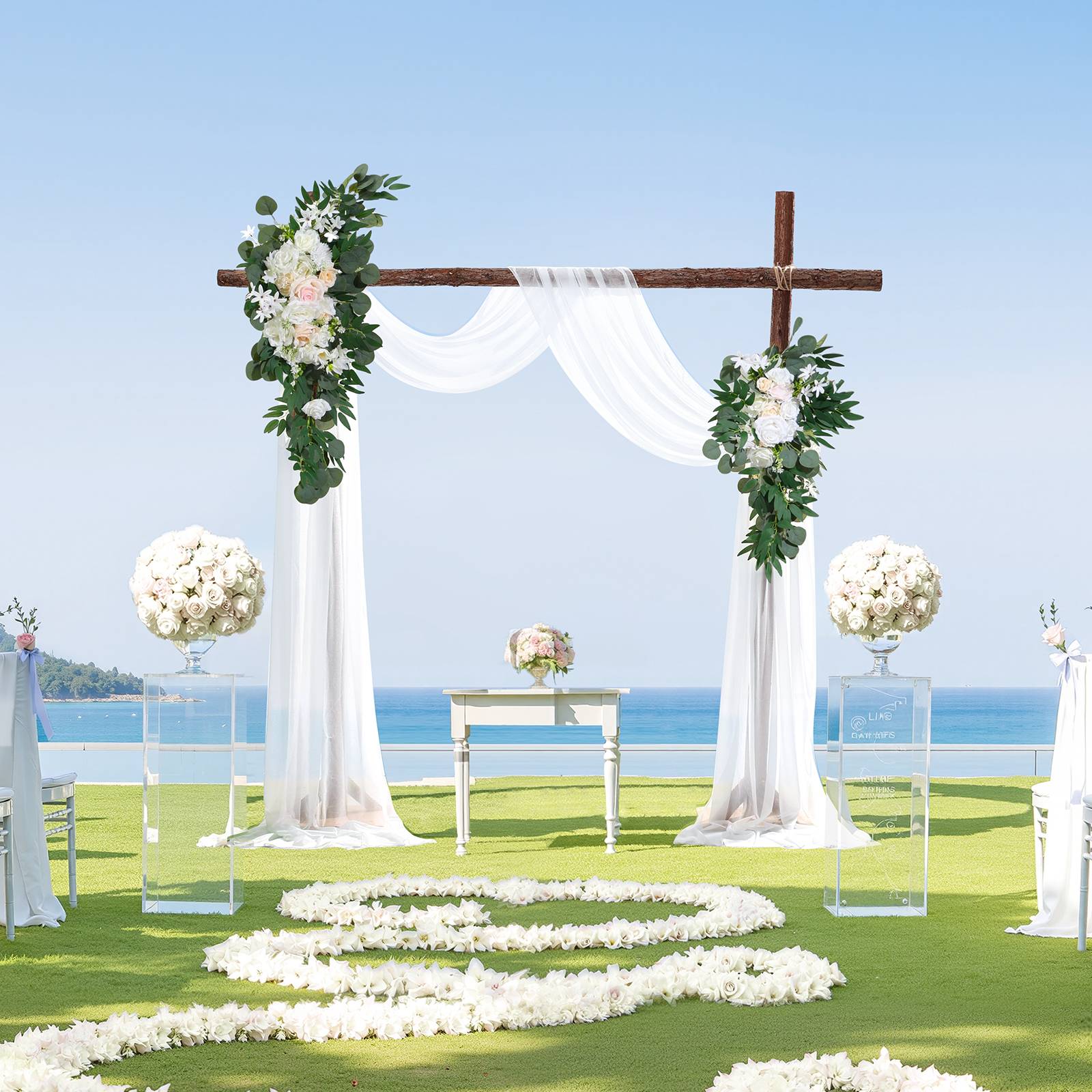 VEVOR Kit fleurs artificielles arche mariage, 2 bouquets, 2 rideaux, blanc. - Image 8