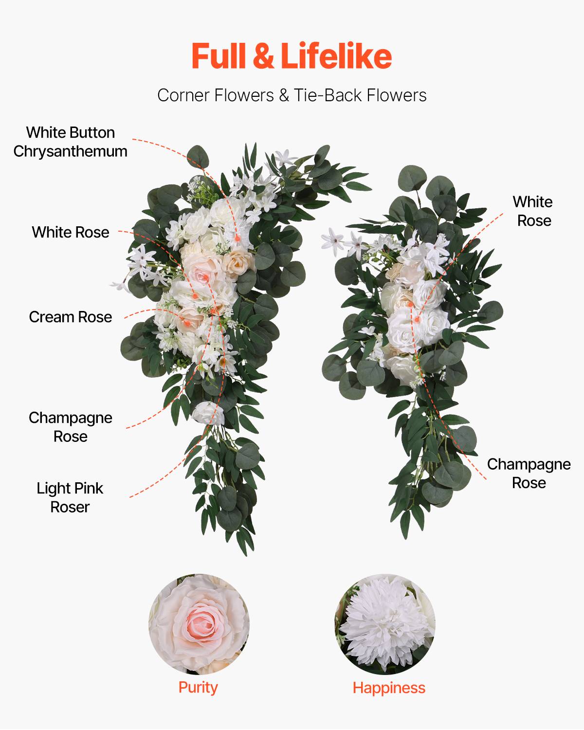 VEVOR Kit fleurs artificielles arche mariage, 2 bouquets, 2 rideaux, blanc. - Image 5