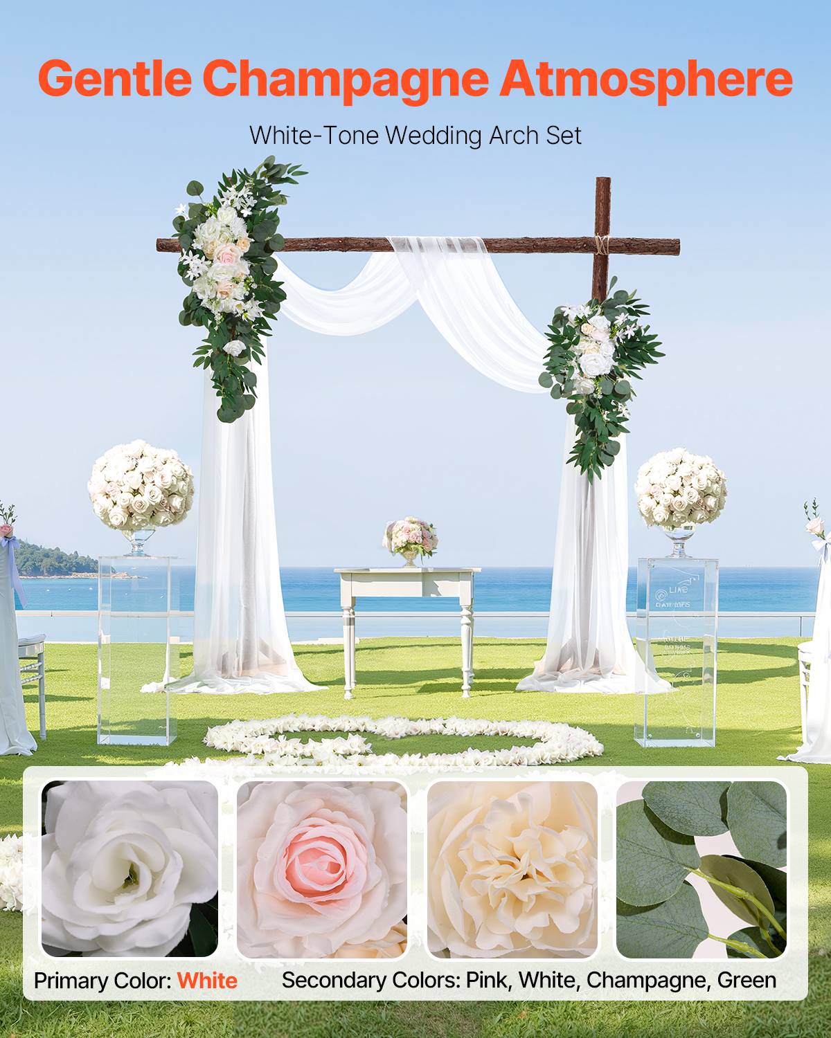 VEVOR Kit fleurs artificielles arche mariage, 2 bouquets, 2 rideaux, blanc. - Image 2