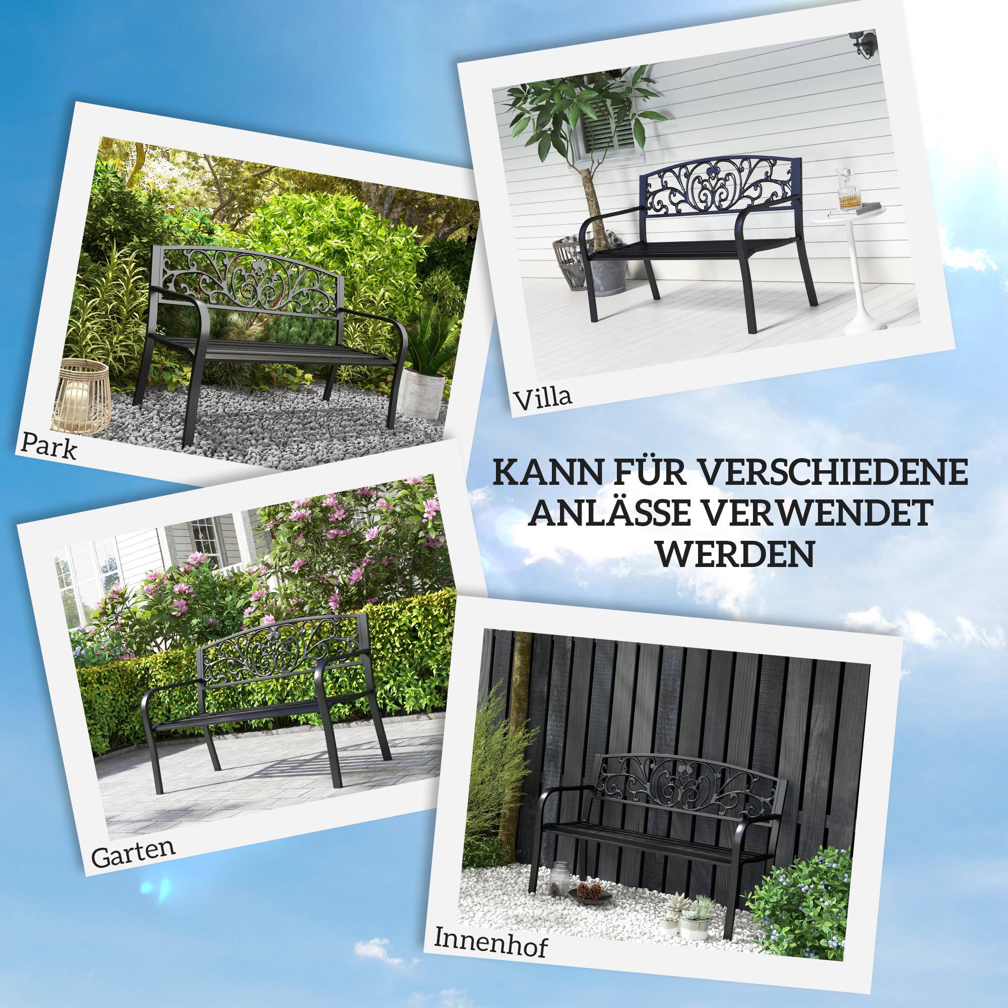 ComfortXL - Banc de jardin acier noir 127 x 60 x 87 cm 2 places dossier floral extérieur terrasse charge max 240 kg - Image 6