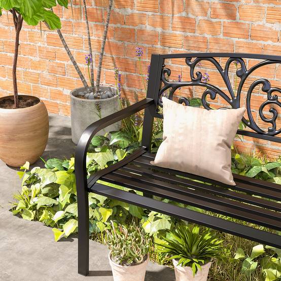 ComfortXL - Banc de jardin acier noir 127 x 60 x 87 cm 2 places dossier floral extérieur terrasse charge max 240 kg - Image 9