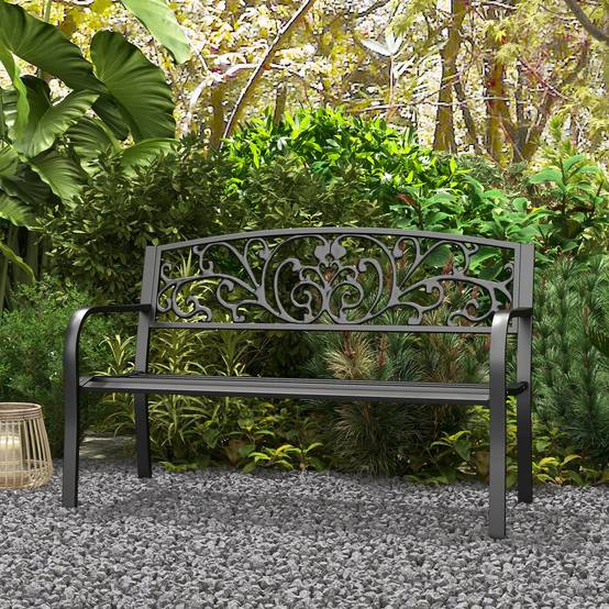 ComfortXL - Banc de jardin acier noir 127 x 60 x 87 cm 2 places dossier floral extérieur terrasse charge max 240 kg - Image 8
