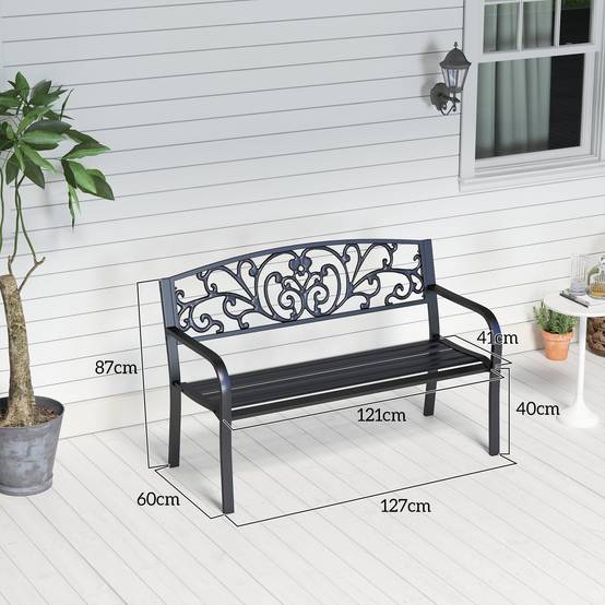 ComfortXL - Banc de jardin acier noir 127 x 60 x 87 cm 2 places dossier floral extérieur terrasse charge max 240 kg - Image 3