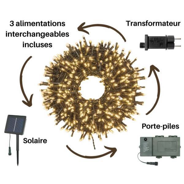 Lotti - Guirlande lumineuse 3 Alimentations interchangeables solaire pile ou secteur 25M 500 LED blanc chaud IP44 professionnelle Lotti - Imagen 1