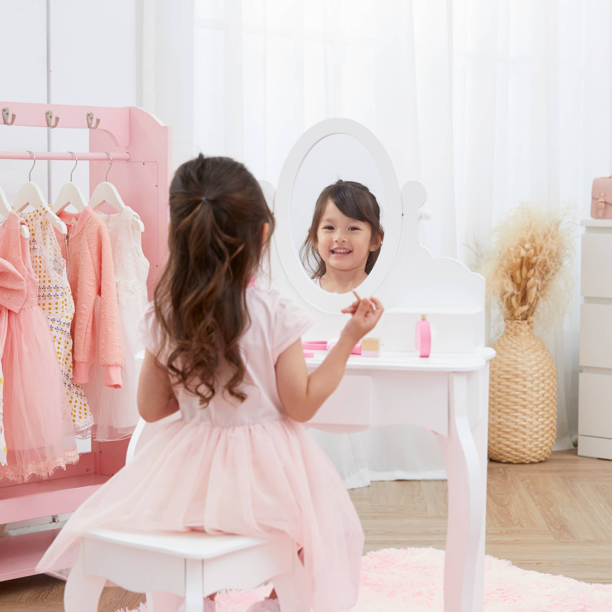 Coiffeuse de jeu moyenne avec tabouret en bois, blanche Teamson Kids - Image 6