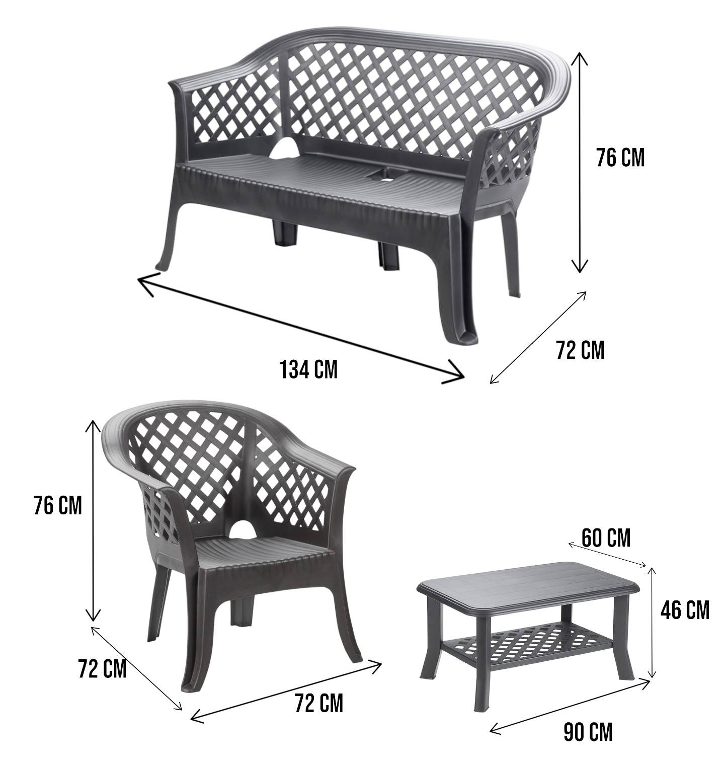 Dmora - Salon d'extérieur Dante, Composition de jardin avec 2 fauteuils, 1 banc et 1 table basse, Salon intérieur et extérieur, Anthracite - Dmora - Imagen 3