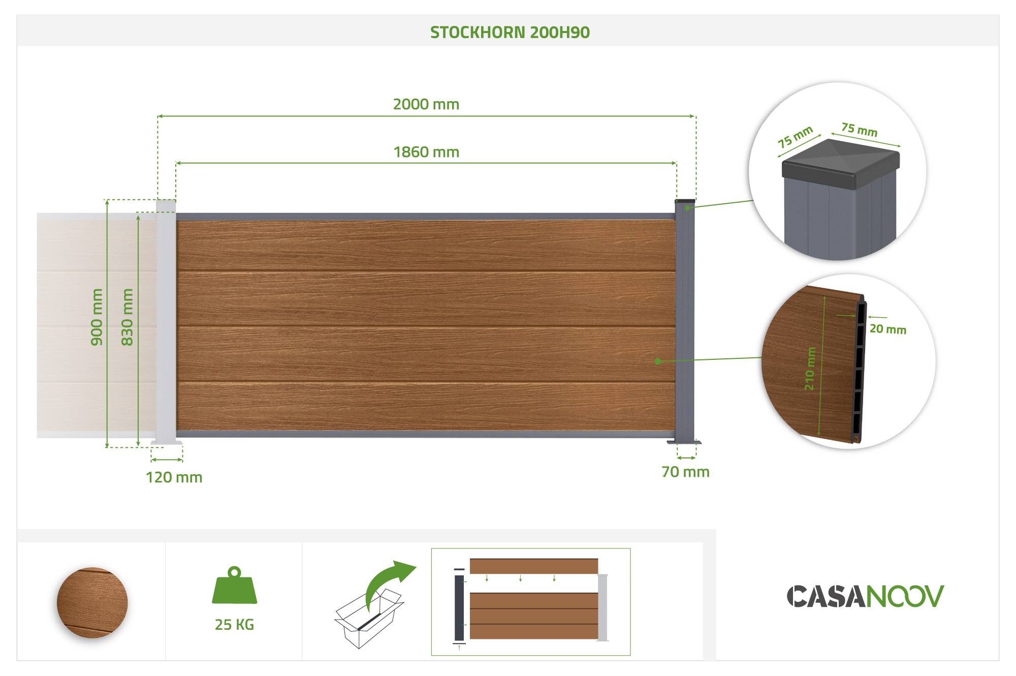 Casanoov Clôture composite Stockhorn 4 m H.90   cm sur plaque finition teck - Image 3